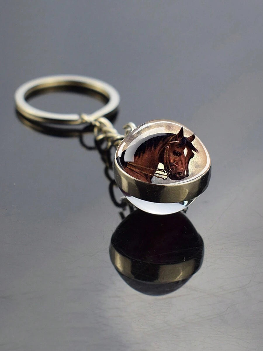 Horse Head Pattern Glass Ball Keyring
