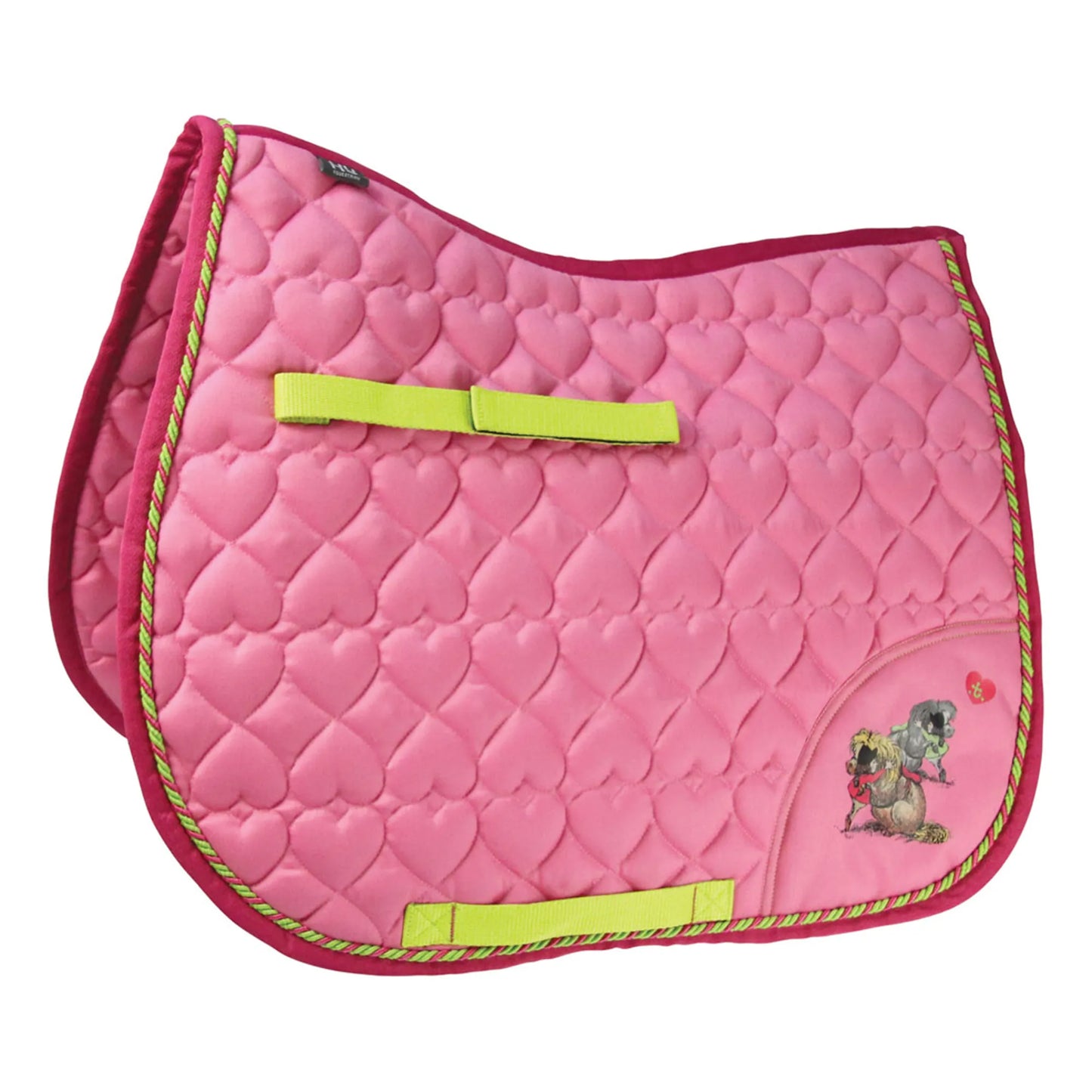Hy Equestrian Thelwell Collection Hugs Saddle Pad - Pink/Lime/Hot Pink and Matching Fly Veil set