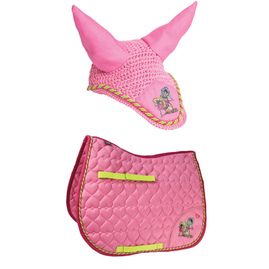 Hy Equestrian Thelwell Collection Hugs Saddle Pad - Pink/Lime/Hot Pink and Matching Fly Veil set